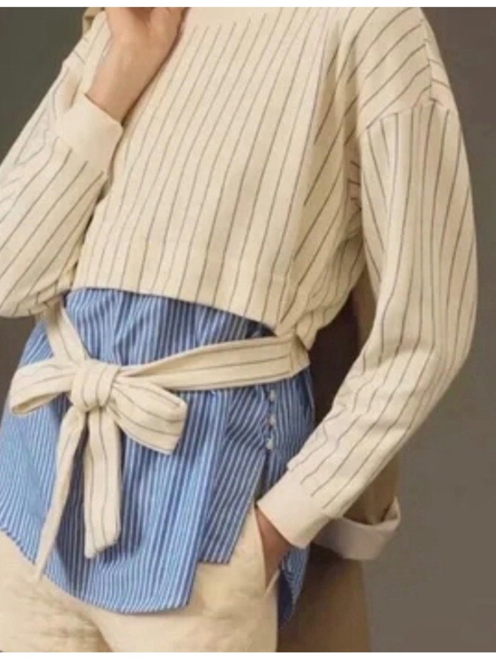 Anthropologie Twofer Striped Layered Button-Up Blouse with Tie